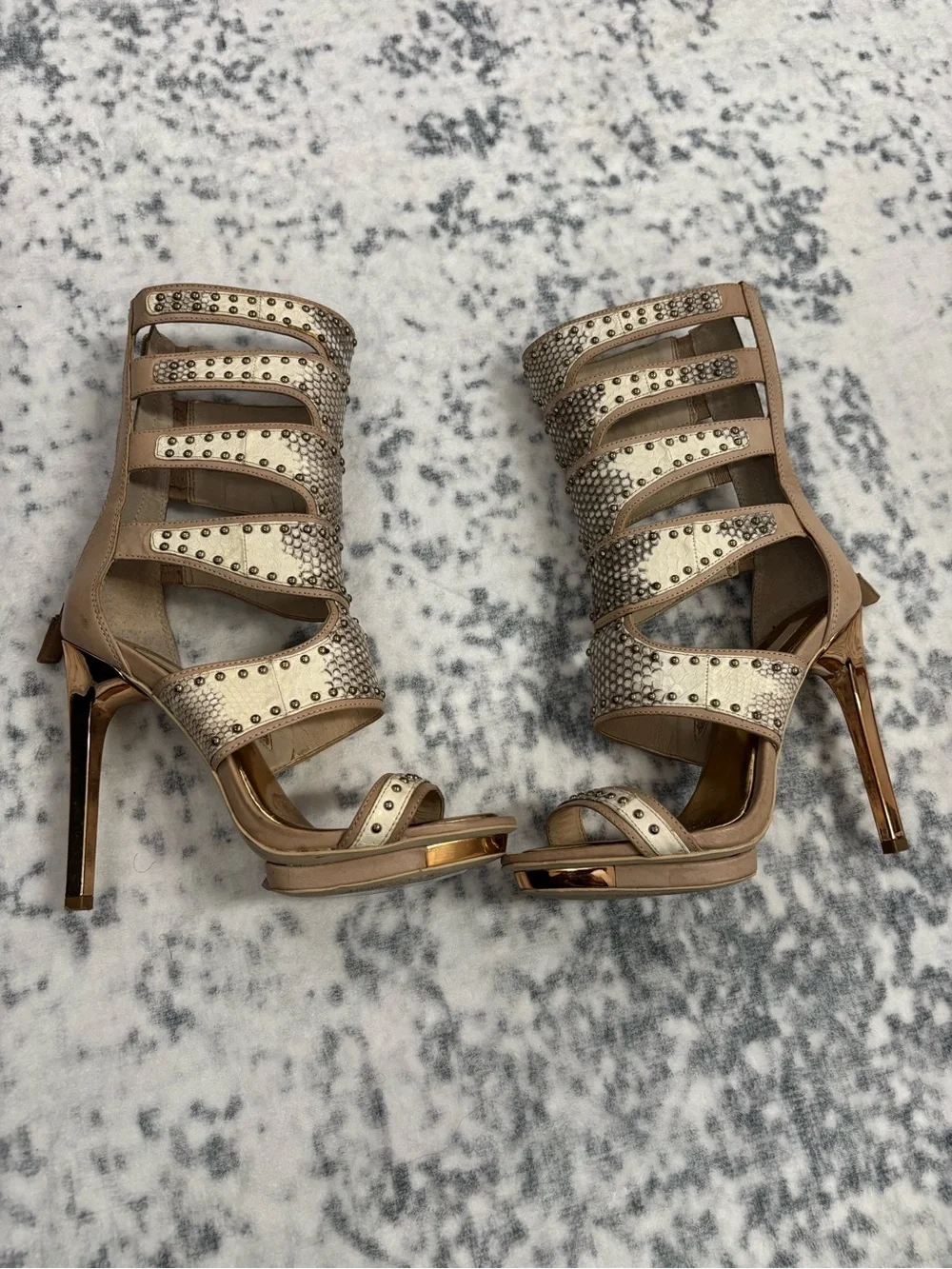 Rare BCBGMaxazria Womens Lynx Tan Snake Embossed Gladiator Heels